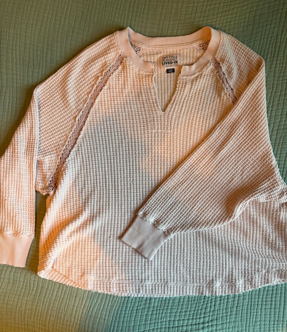 American Eagle Seriously Lived-In Women’s S Cream Waffle Knit Lace Pullover Top
